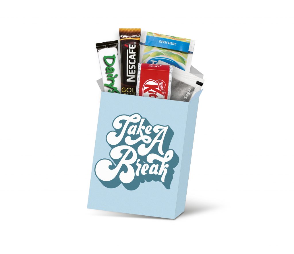 Branded snack box with tea, coffee & chocolate snacks